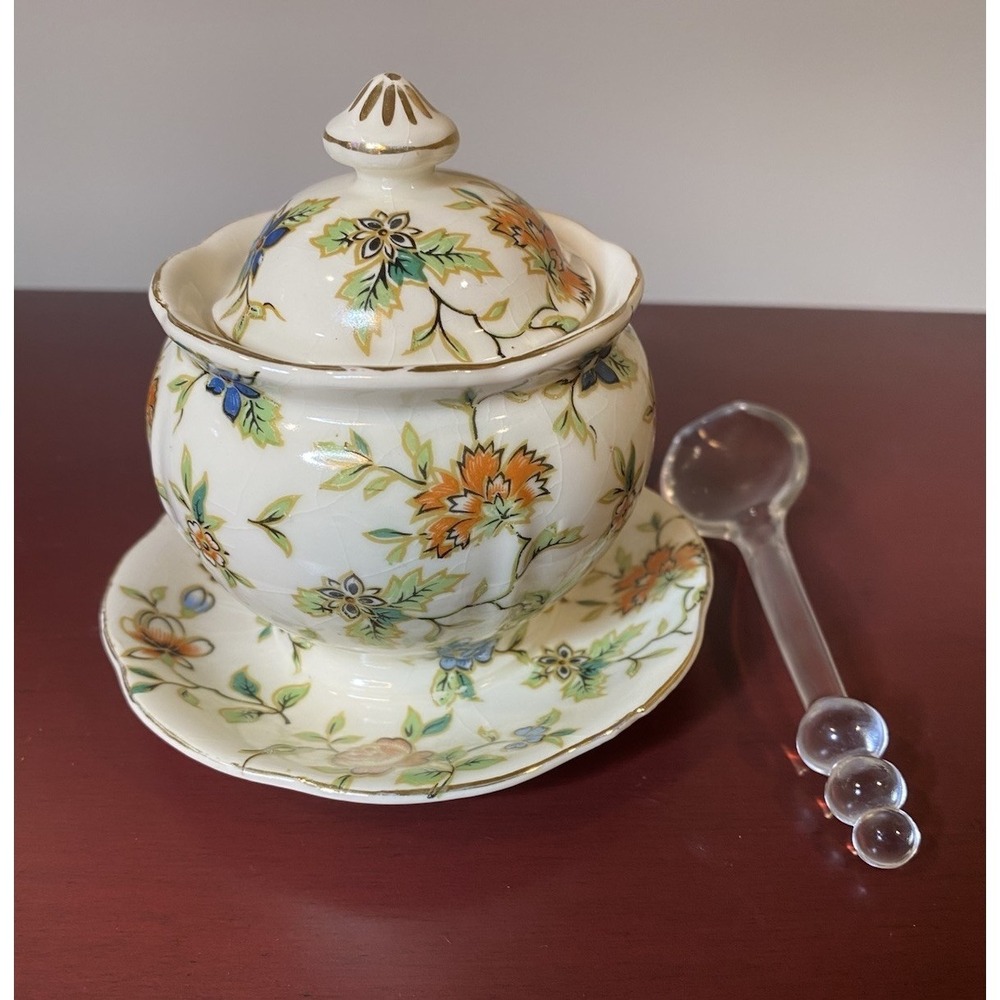Moriyama Mori Machi 4" Mustard, Jam‎ Pot Lid and Glass Spoon Chintz Hand Painted